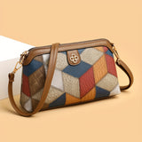 Bohemian-Style Argyle Plaid PU Leather Crossbody Messenger Bag with Polyester Lining and Zipper Closure