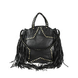 Borsa donna a spalla in vera pelle vintage con frange e borchie Made in Italy tinto lavato in capo ZETA SHOES