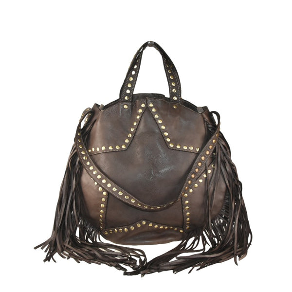 Borsa donna a spalla in vera pelle vintage con frange e borchie Made in Italy tinto lavato in capo ZETA SHOES