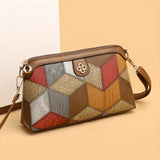 Bohemian-Style Argyle Plaid PU Leather Crossbody Messenger Bag with Polyester Lining and Zipper Closure