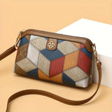 Bohemian-Style Argyle Plaid PU Leather Crossbody Messenger Bag with Polyester Lining and Zipper Closure