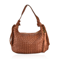 Borsa da spalla con tracolla in vera pelle intrecciata effetto vintage tinto lavato in capo