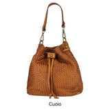 Borsa secchiello con tracolla in vera pelle intrecciata effetto vintage tinto lavato in capo made in italy
