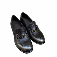 Mocassini scarpe donna tacco basso in vera pelle Made in italy Nero/oro