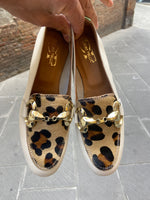 Mocassini scarpe donna Divine Follie in vera pelle leopardo Beige Made in italy