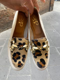 Mocassini scarpe donna Divine Follie in vera pelle leopardo Beige Made in italy